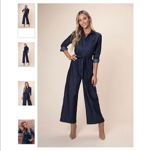 Denim jumpsuit & fitted waistline with denim tie